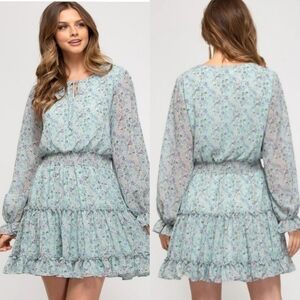 Lyn Burches Blue Purple Ditsy Floral Tie-Neck Shirred Waist Ruffled Mini Dress M